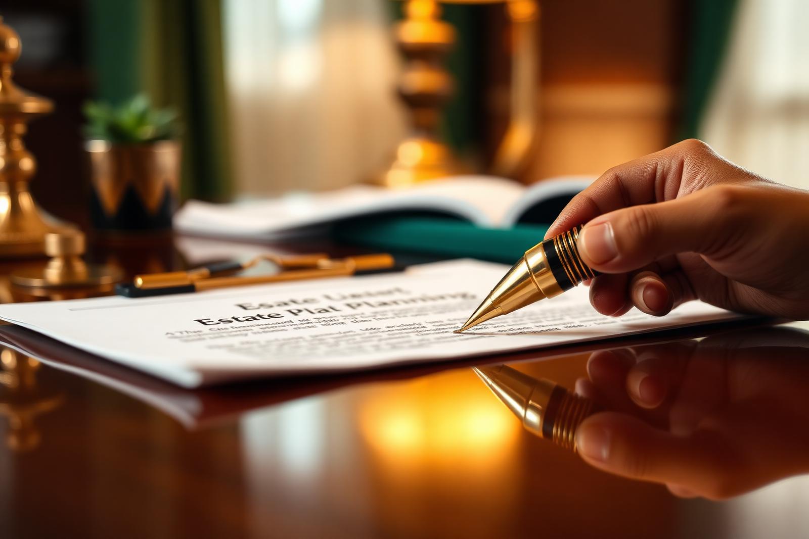 A hand signing an estate planning document with a fountain pen