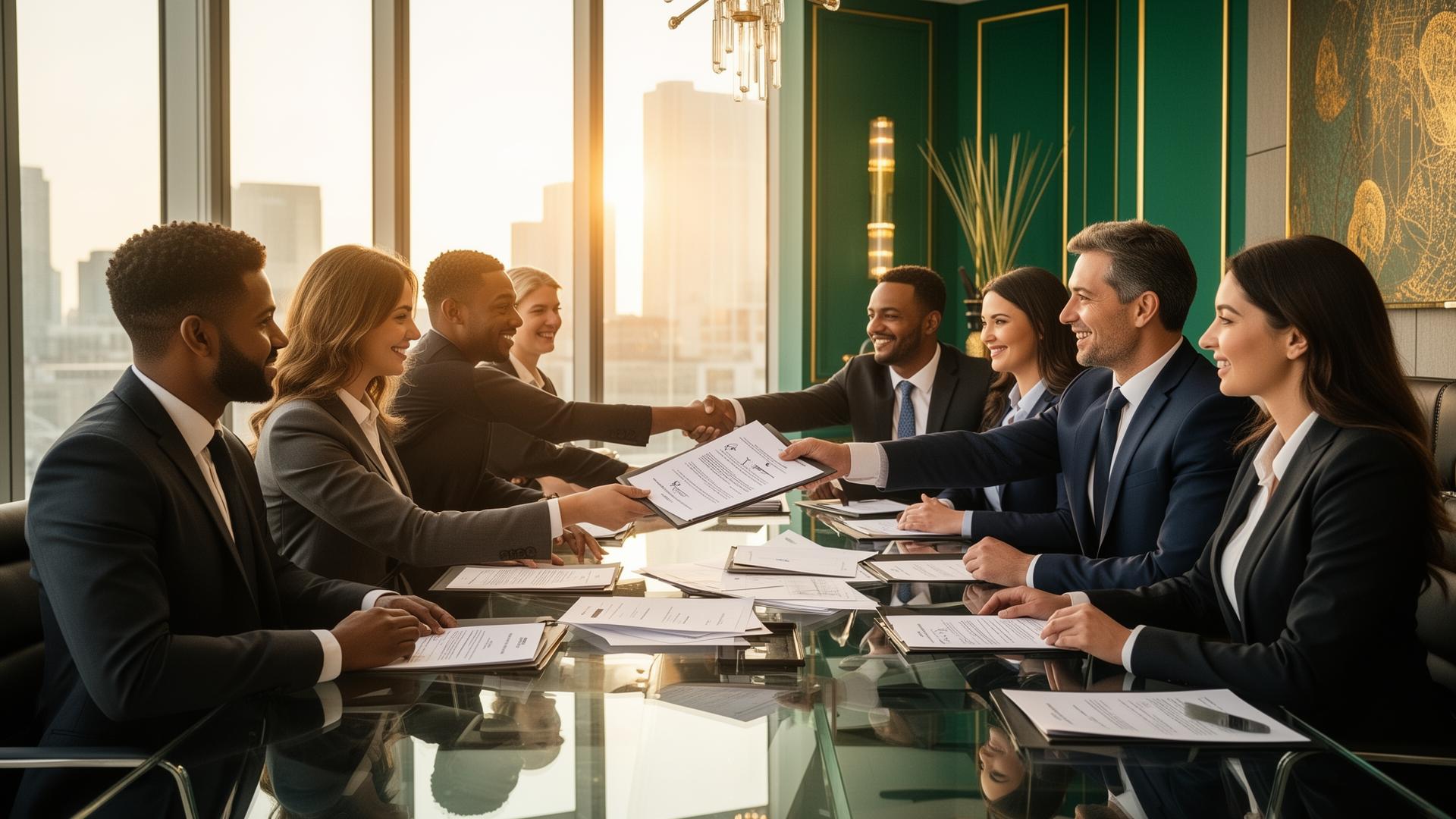 Diverse business team finalizing a contract agreement